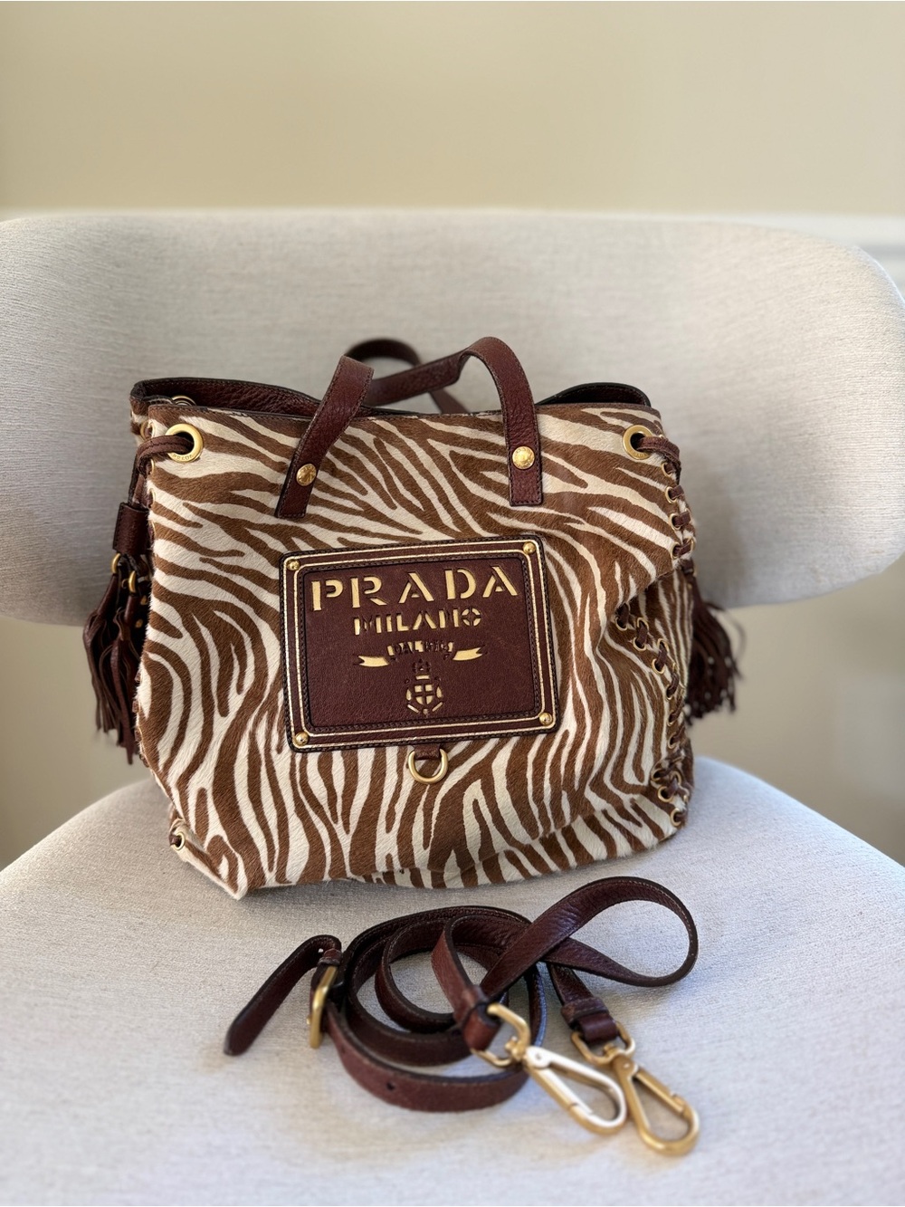 Prada Zebra Pony Hair Calf Hair Leather Tote Shoulder Bag Brown Gold Tassel - Picture 11 of 14